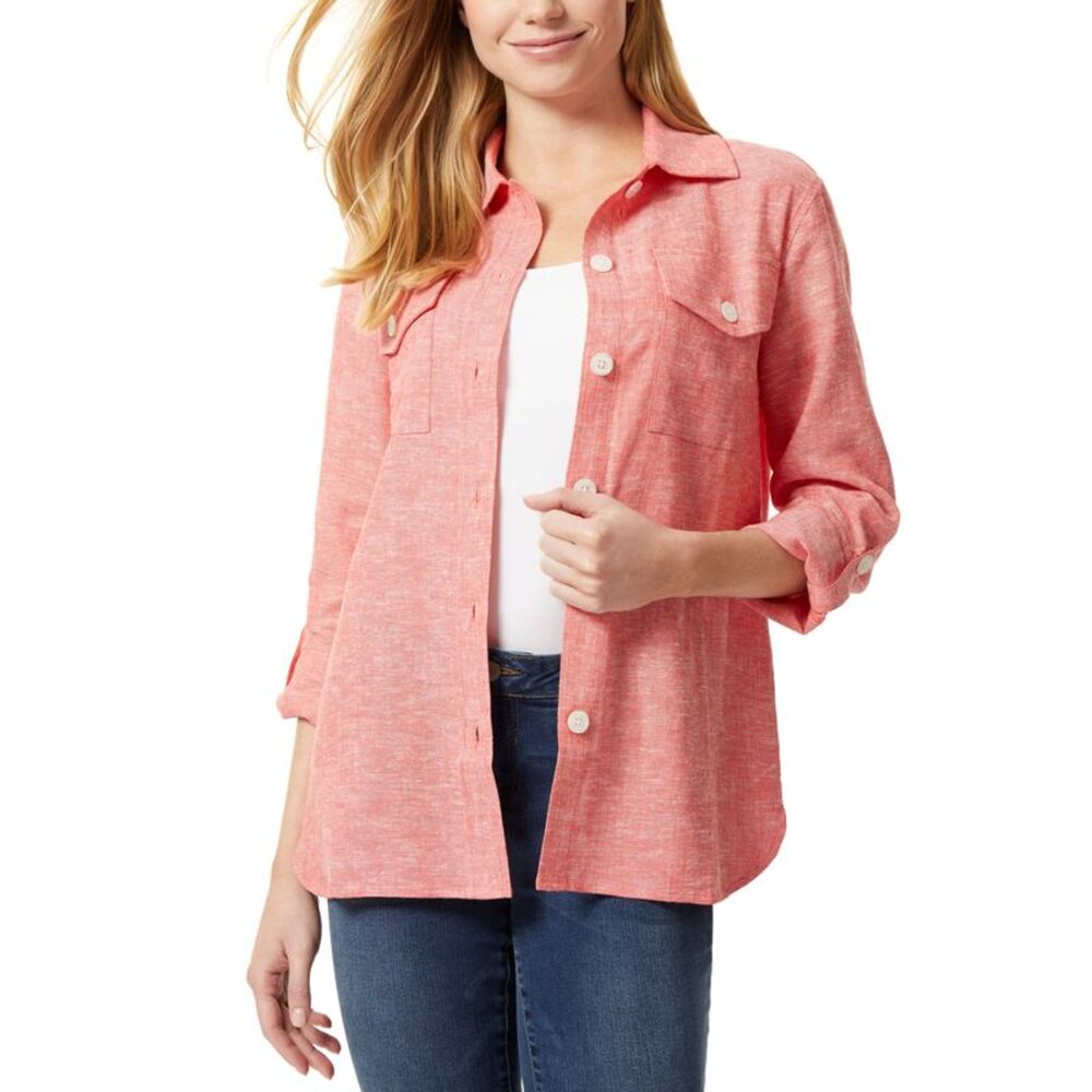 Jones New York Womens Button-down Rolled Sleeve Shacket Jacket